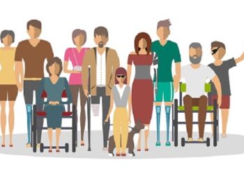 Disabled people banner in flat style vector illustration.
