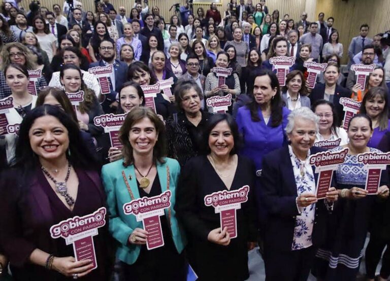 María Luisa Albores, secretaria de Bienestar, Olga Sánchez Cordero, secretaria de Gobierno, Irma Eréndira Sandoval, secretaria de la Función Pública, y Alejandra Frausto, secretaria de Cultura, durante la presentación de la Convocatoria “Un Gobierno con paridad. Primer Concurso de Ingreso a la Administración Pública Federal exclusivo para Mujeres”