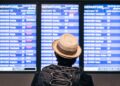 Persona con sombrero y mochila observa el tablero de información de vuelos de Aeroméxico en un aeropuerto.