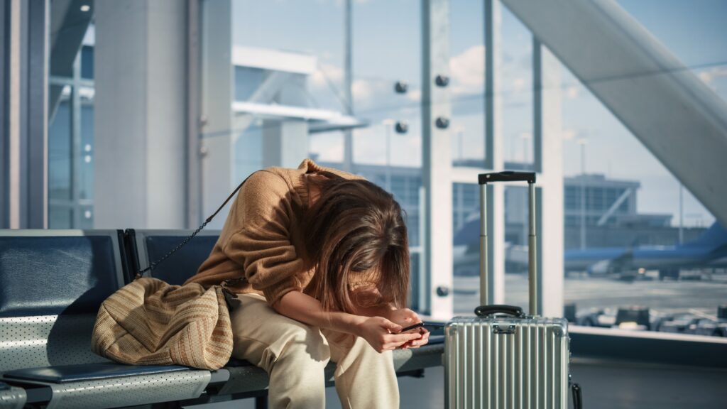 Mujer sentada con la cabeza inclinada y teléfono en mano, junto a su maleta, esperando tras un retraso de vuelo de Aeroméxico en un aeropuerto.