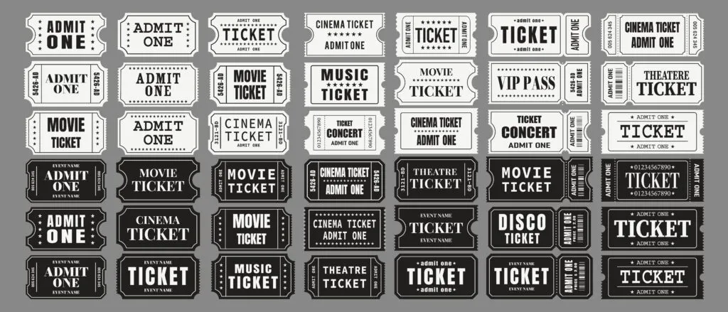 Ilustración de boletos vintage con textos como Movie Ticket, Cinema Ticket y Admit One, que evocan la tradición cultural del cine y refuerzan la memoria cinematográfica argentina a través de Cine Club Núcleo.