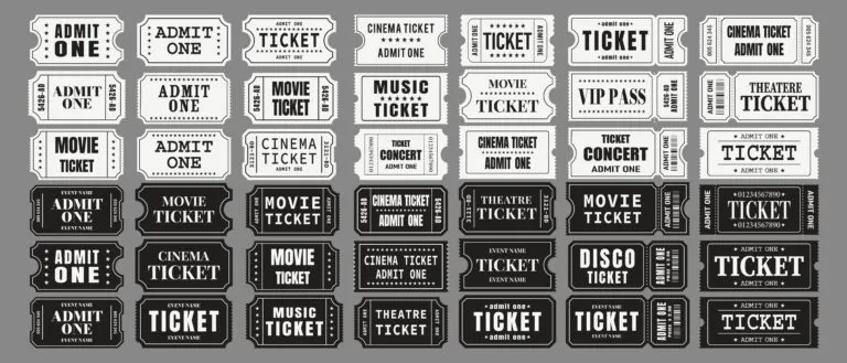 Ilustración de boletos vintage con textos como Movie Ticket, Cinema Ticket y Admit One, que evocan la tradición cultural del cine y refuerzan la memoria cinematográfica argentina a través de Cine Club Núcleo.