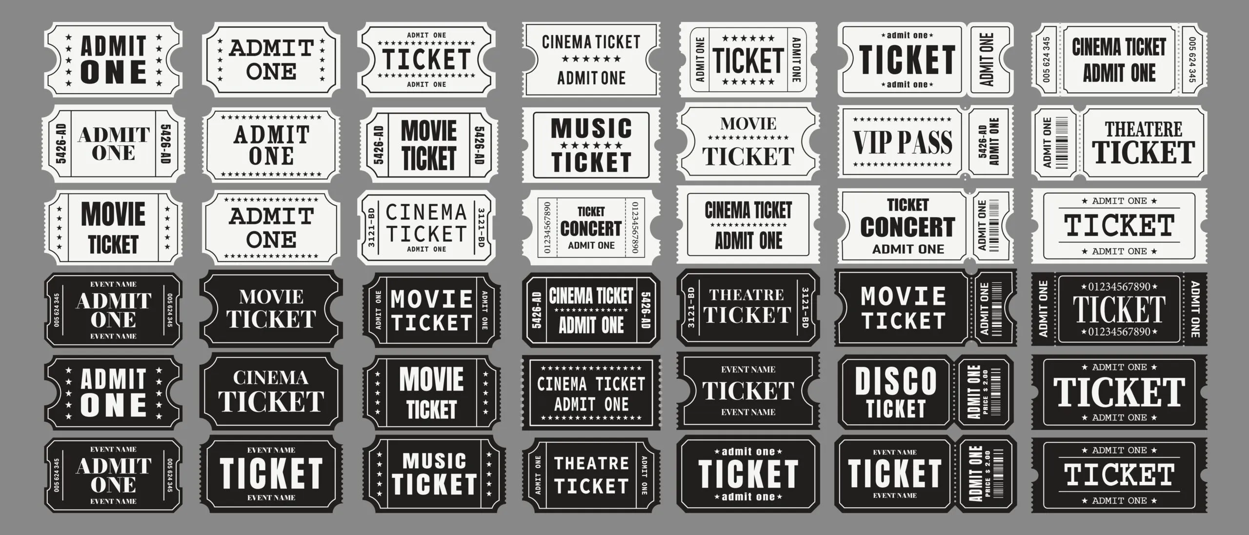 Ilustración de boletos vintage con textos como Movie Ticket, Cinema Ticket y Admit One, que evocan la tradición cultural del cine y refuerzan la memoria cinematográfica argentina a través de Cine Club Núcleo.