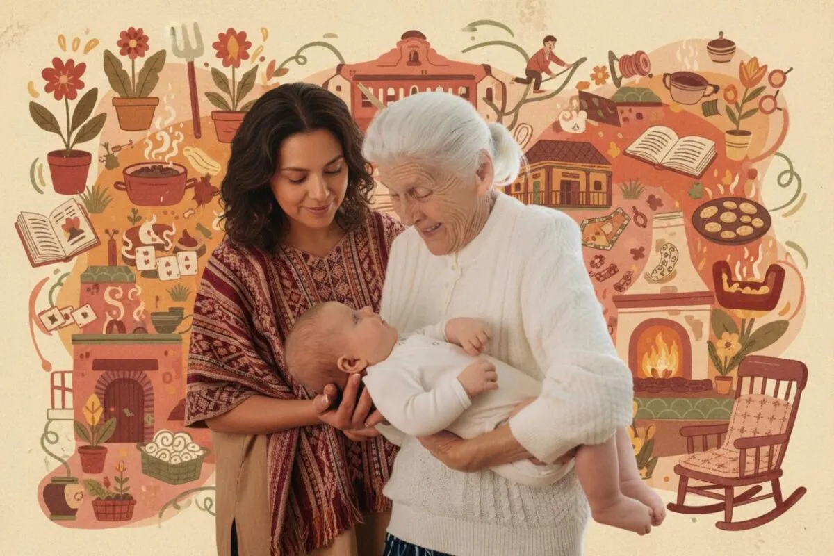 Abuela sostiene en brazos a su nieto mientras la madre observa sonriente, representando unión familiar y celebración del Día del Abuelo en México.