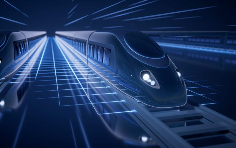 Tren de alta velocidad recorriendo una ciudad moderna, símbolo de movilidad global y conectividad económica