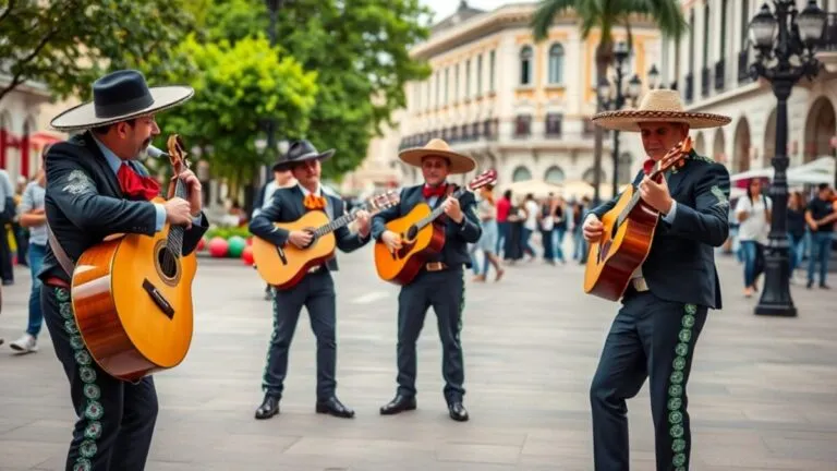 Conjunto de mariachi tocando instrumentos tradicionales en plaza mexicana, símbolo de identidad cultural y patrimonio