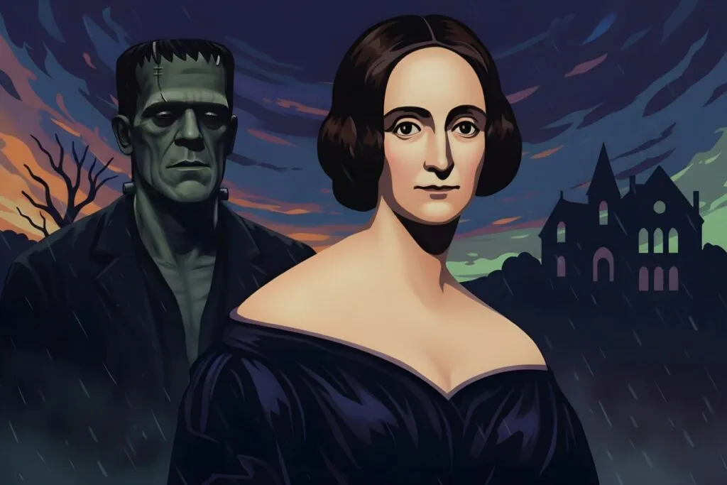 Retrato editorial de Mary Shelley con referencias a Frankenstein y cultura literaria