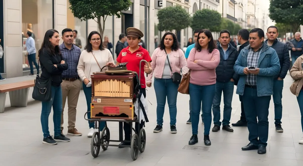 Organillera interpretando Ella Baila Sola en espacio urbano, música viral y tradición cultural