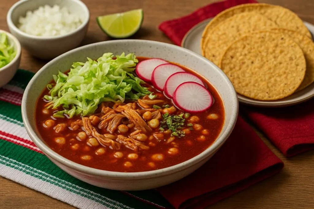 Plato de pozole rojo jalisciense con rábanos y lechuga, servido en mesa festiva durante celebraciones patrias en septiembre