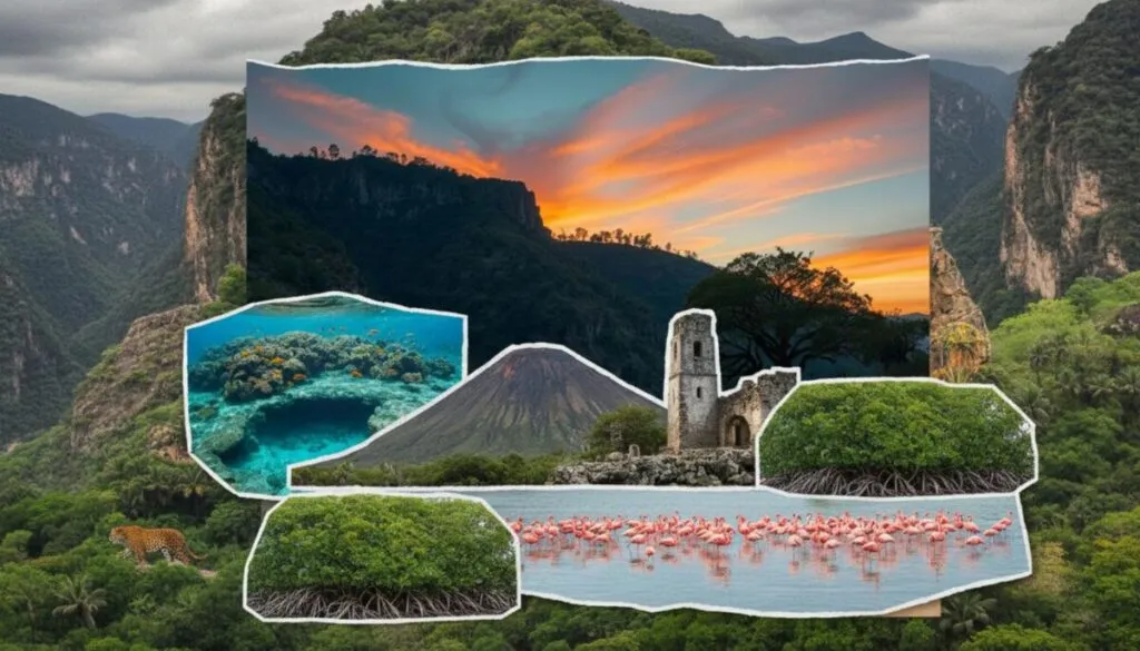 Composición visual de paisajes naturales en México que incluye Barrancas del Cobre, arrecifes coralinos, Paricutín, manglares y flamencos en Celestún