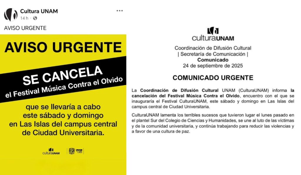 UNAM suspende festival “Música contra el olvido” tras tragedia en CCH Sur