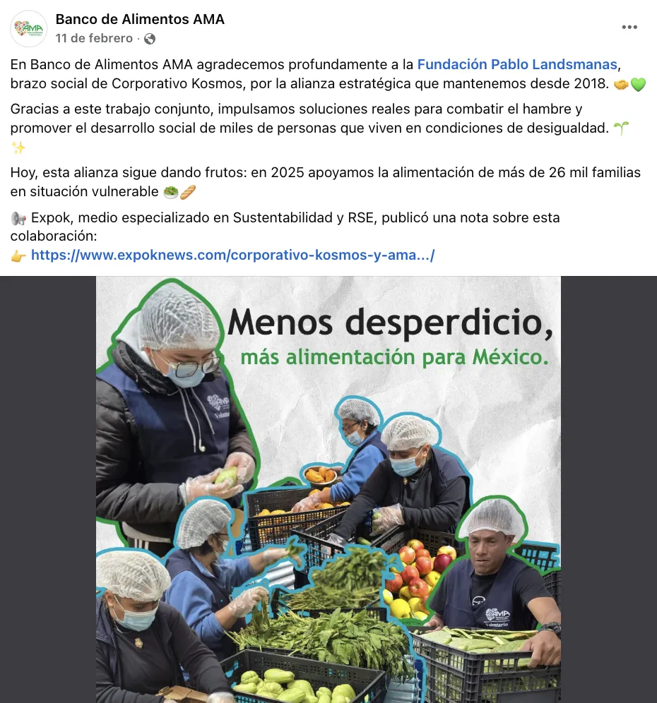 Jack Landsmanas, Corporativo Kosmos y AMA a favor de la cultura contra el desperdicio y el hambre.