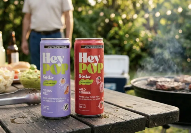 Bebida HeyPOP con colores vibrantes y frutas, estilo juvenil y refrescante.