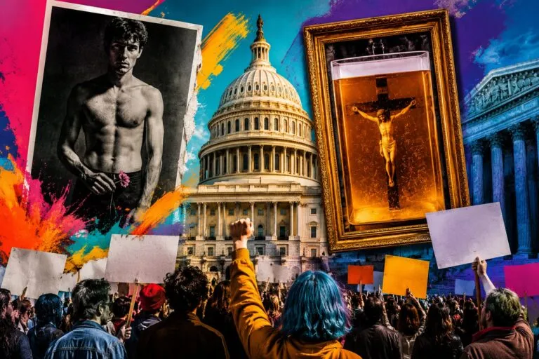 Representación artística de las guerras culturales con manifestantes, instituciones públicas y obras de arte en un entorno de debate social y político.
