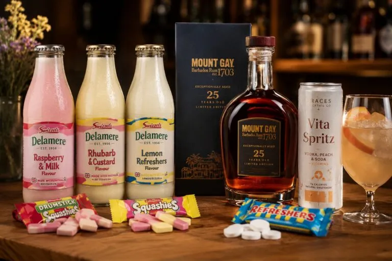 Selección de bebidas premium inspiradas en la nostalgia, con botellas de diseño, destilados y bebidas listas para consumir presentadas en una composición editorial.