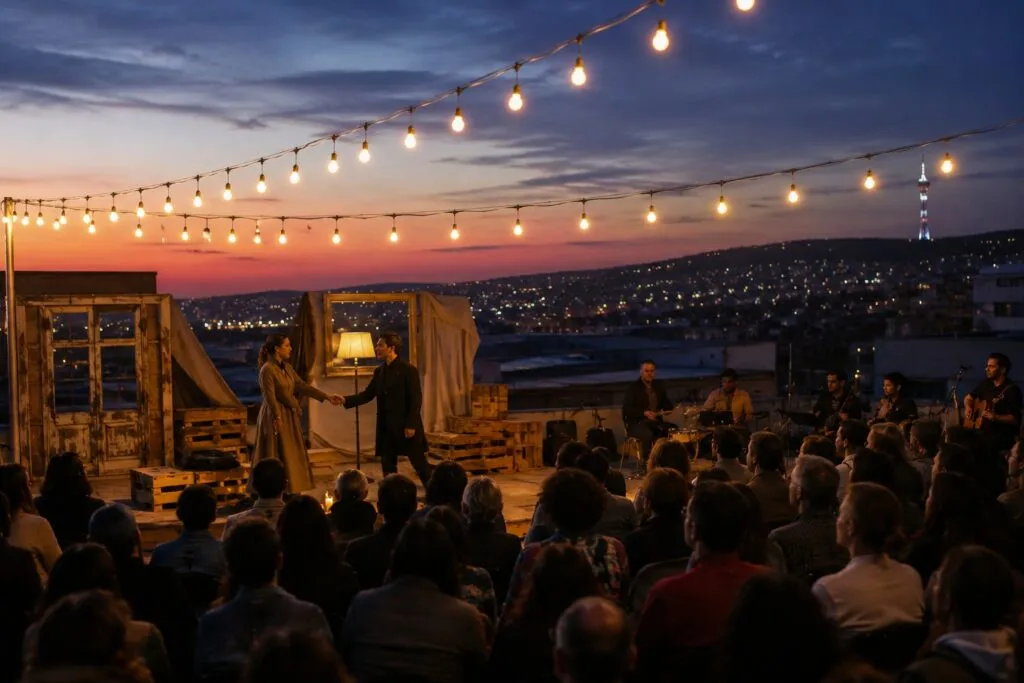 Espectáculo de teatro al aire libre en una azotea de Armenia con público reunido al atardecer, representando el crecimiento de la escena cultural y creativa del país.