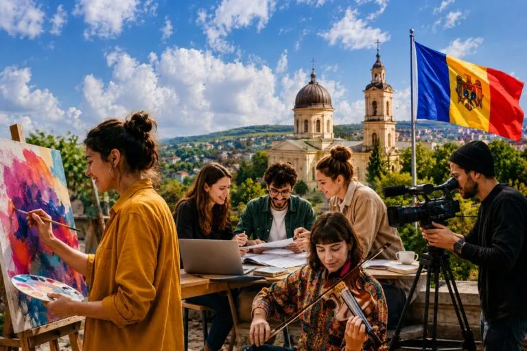 Artistas, creadores y profesionales culturales colaboran en un proyecto creativo al aire libre dentro de un ecosistema cultural europeo. Moldavia