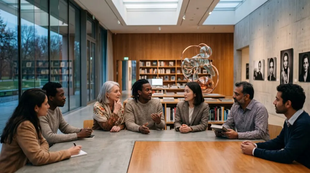 Grupo diverso de personas dialoga en un espacio cultural rodeado de libros, arte contemporáneo y fotografía, representando la libertad de expresión como una práctica cultural.