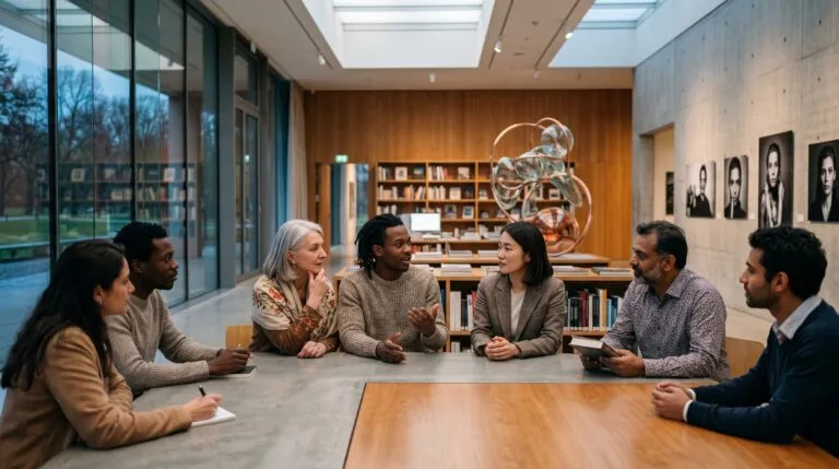 Grupo diverso de personas dialoga en un espacio cultural rodeado de libros, arte contemporáneo y fotografía, representando la libertad de expresión como una práctica cultural.