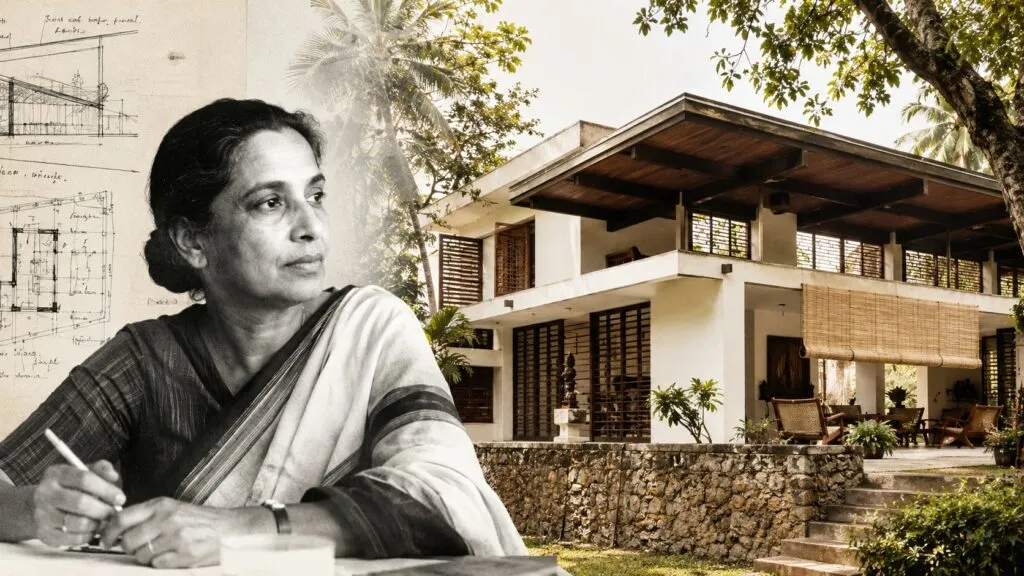 Retrato editorial de Minnette de Silva junto a una vivienda de arquitectura moderna tropical inspirada en su legado arquitectónico en Sri Lanka.