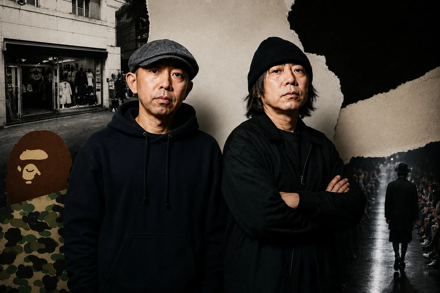 Nigo y Jun Takahashi posan juntos en una composición editorial inspirada en la cultura streetwear japonesa, con referencias visuales a Human Made, Undercover y el movimiento Ura-Harajuku.