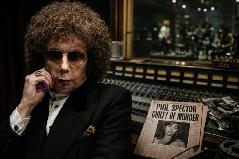 Representación editorial inspirada en Phil Spector dentro de un estudio de grabación, con una atmósfera oscura que simboliza el contraste entre su legado musical y los crímenes que marcaron su vida.