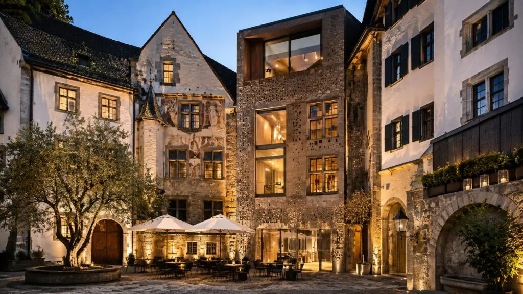 Edificio histórico restaurado con una intervención arquitectónica contemporánea que integra patrimonio, diseño moderno y materiales naturales.