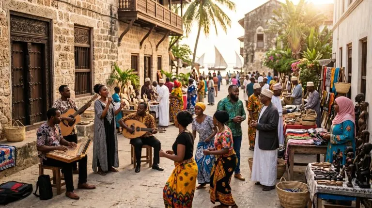 Artistas, músicos, artesanos y habitantes participan en actividades culturales en las calles históricas de Zanzíbar durante una cumbre internacional dedicada al patrimonio y la diversidad cultural.
