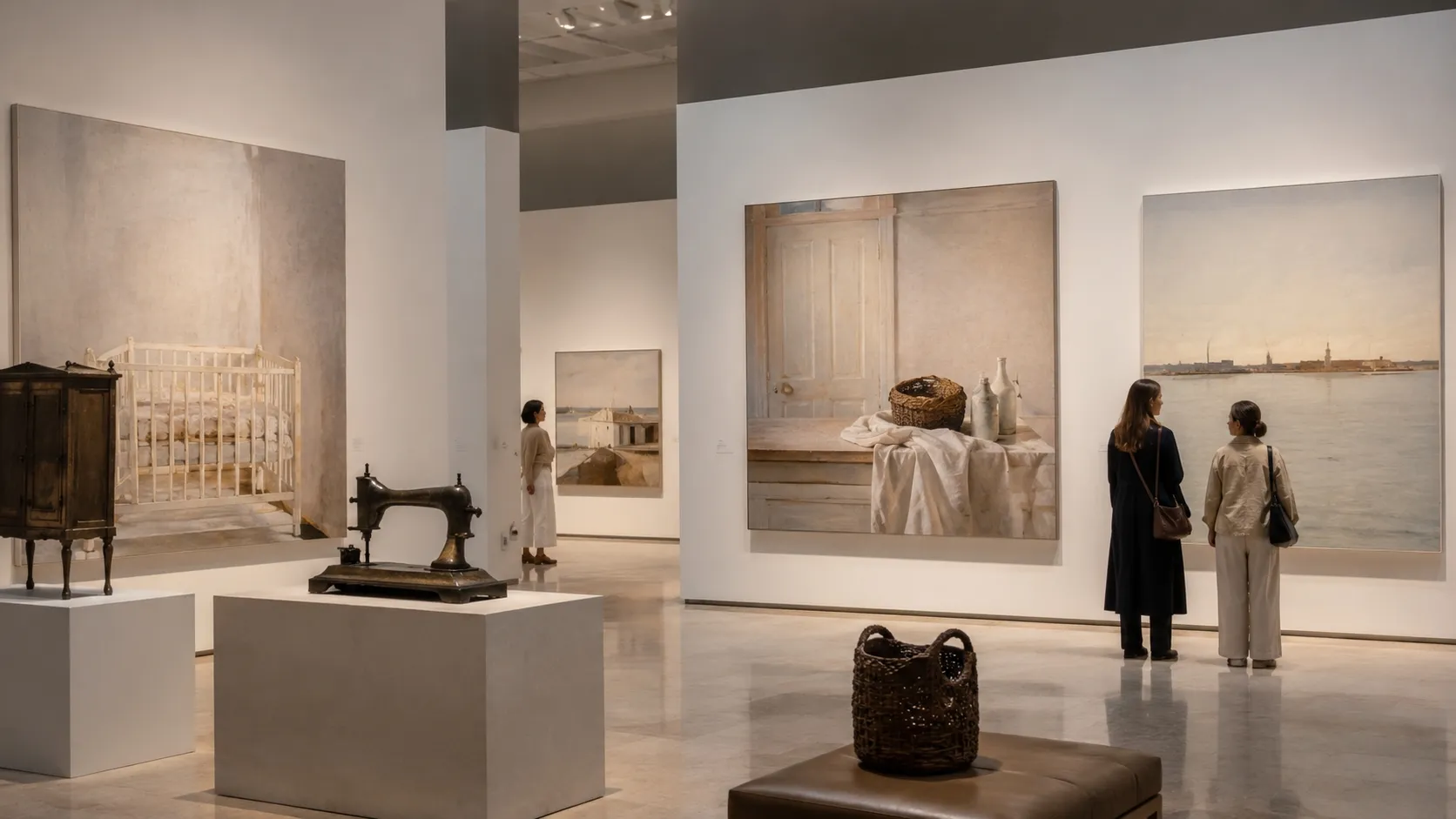 Sala de museo con pinturas figurativas y esculturas inspiradas en la obra de Carmen Laffón, donde predominan la luz, los objetos cotidianos y los paisajes serenos.