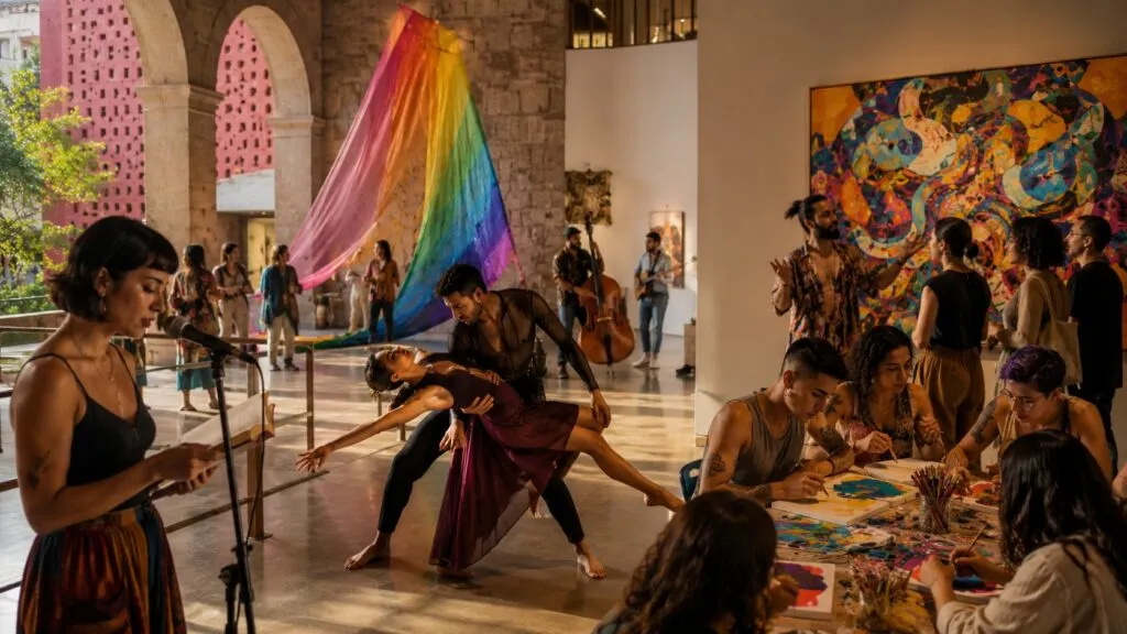 Artistas participan en una jornada cultural con danza, literatura, performance y diálogo comunitario que celebra la diversidad cultural y la inclusión.