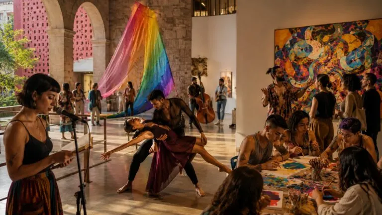 Artistas participan en una jornada cultural con danza, literatura, performance y diálogo comunitario que celebra la diversidad cultural y la inclusión.
