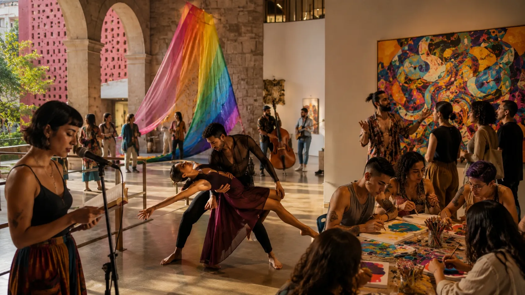 Artistas participan en una jornada cultural con danza, literatura, performance y diálogo comunitario que celebra la diversidad cultural y la inclusión.