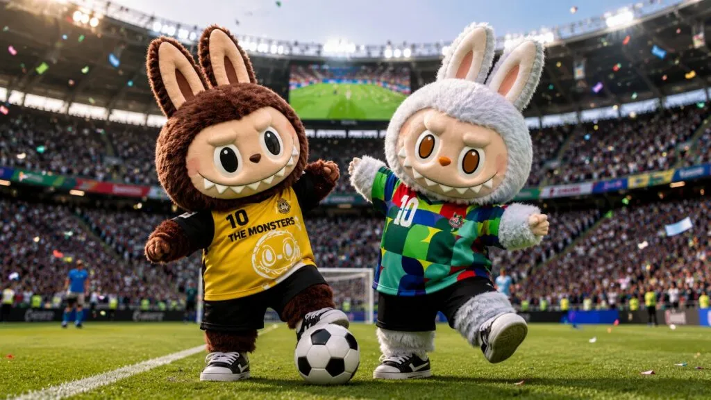 Personajes inspirados en Labubu celebran en un estadio de futbol durante un evento internacional, representando la unión entre la cultura pop y el deporte.