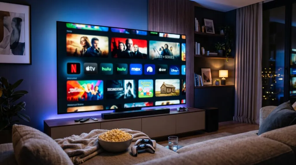 Televisor con una selección de series disponibles en plataformas de streaming, representando los principales estrenos televisivos de julio de 2026.