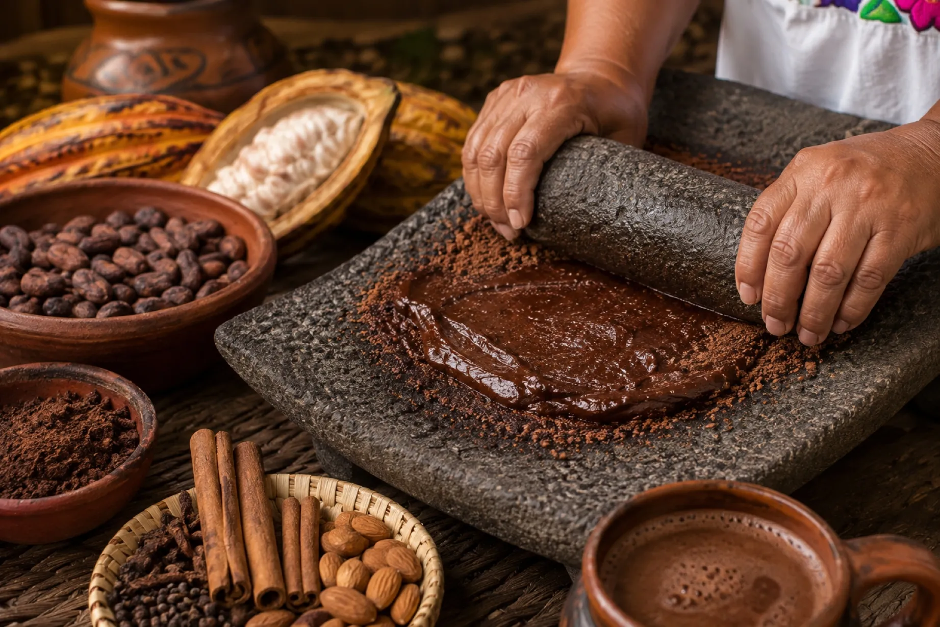 Chocolate de metate elaborado con cacao sobre piedra mediante una técnica artesanal mexicana