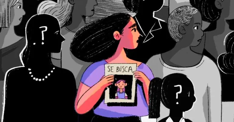 Ilustración sobre la Alerta Rosa en Colombia, con una notificación en un teléfono y personas que colaboran en una búsqueda comunitaria.