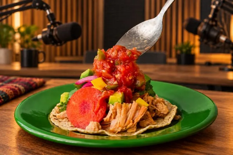 Familia hispana preparando una receta tradicional mientras escucha un programa de audio en una cocina de Estados Unidos.