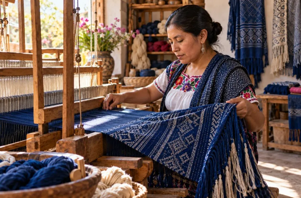 Mujeres artesanas elaboran un rebozo mexicano, preservan sus técnicas y fortalecen su autonomía mediante la tradición textil.