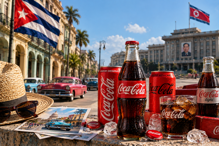 Botellas y latas de Coca-Cola con las banderas de Cuba y Corea del Norte en una composición fotográfica