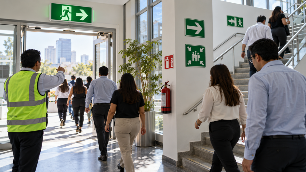Placas y señalamientos mexicanos durante un simulacro de evacuación