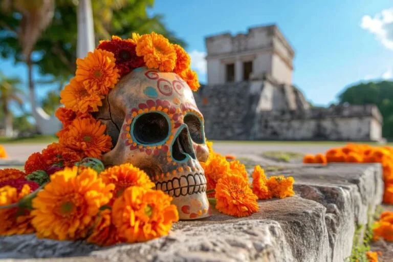 Ofrenda tradicional mexicana con flores de cempasúchil, velas y alimentos que representa la evolución histórica del Día de Muertos.