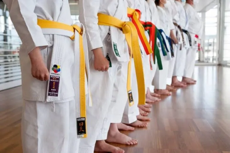 Dos practicantes de karate realizan una demostración tradicional durante la celebración del Día del Karate.