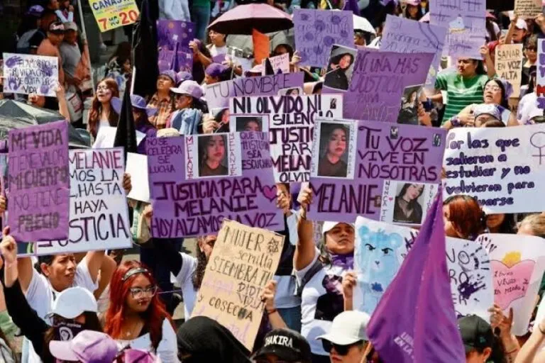 Lazo morado y documentos institucionales que representan la iniciativa mexicana para prevenir, investigar y sancionar el feminicidio.