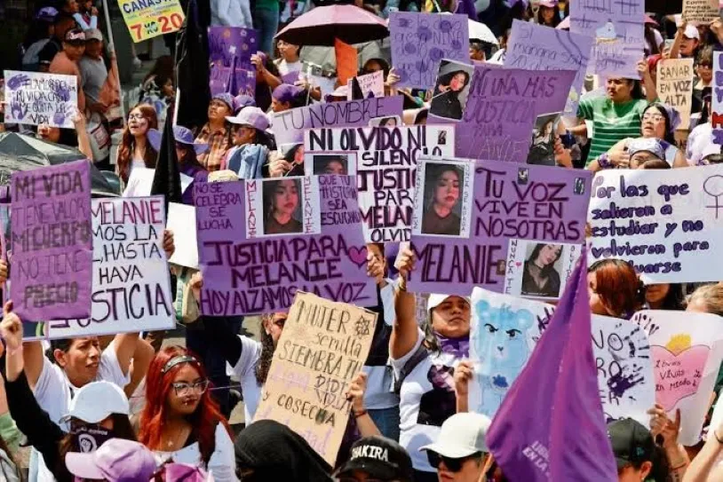 Lazo morado y documentos institucionales que representan la iniciativa mexicana para prevenir, investigar y sancionar el feminicidio.
